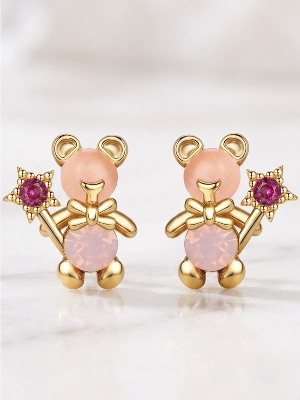 #62 Sterling Silver Gold plated  Pink Teddy Bear Stud Earrings withGems